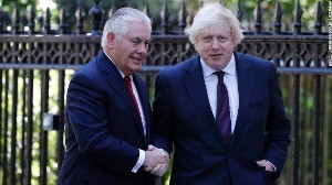 UK Foreign Secretary Boris Johnson (R) greets US Secretary of State Rex Tillerson in Londo. PHOTO: courtesy CNN